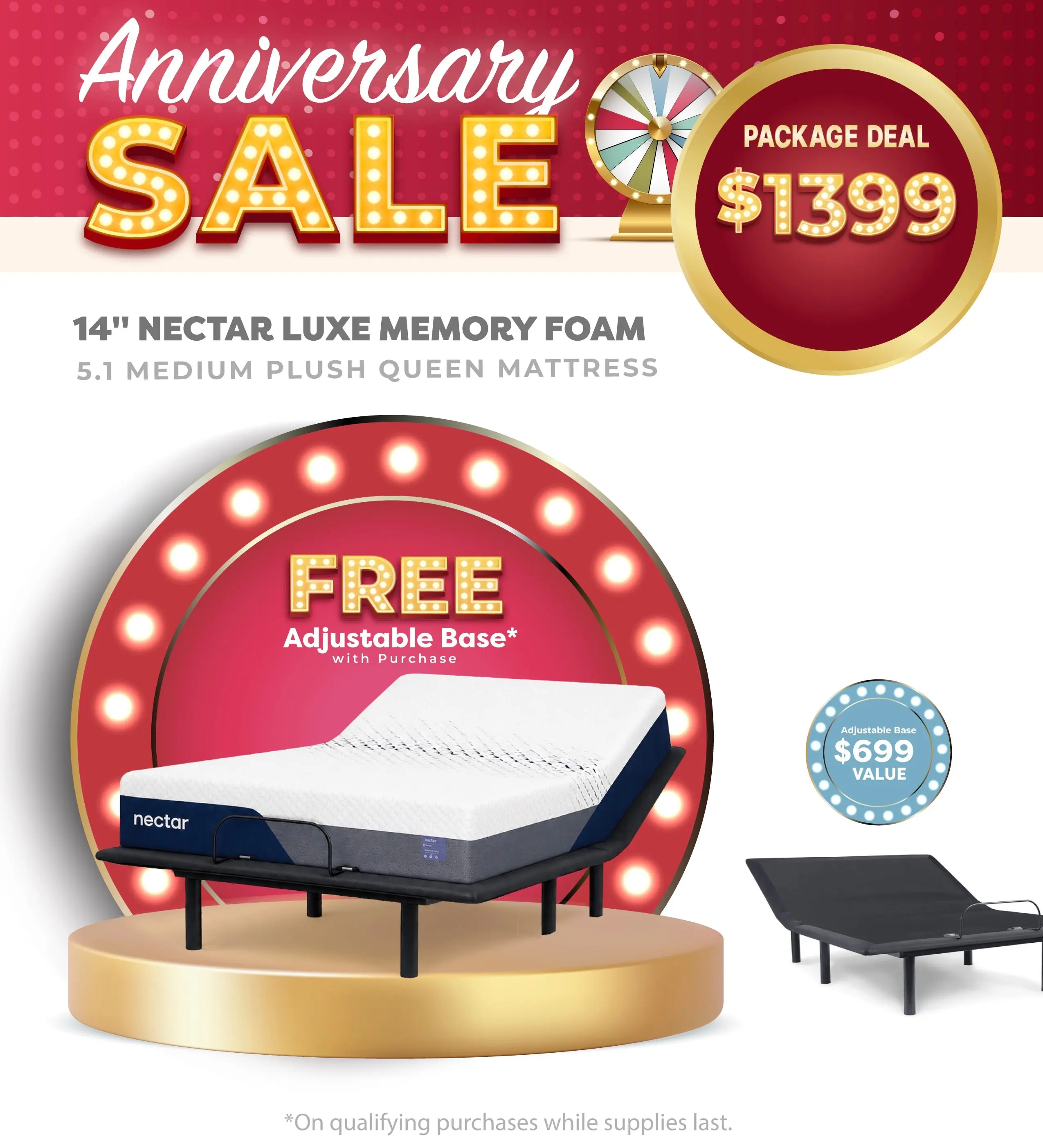 14" Nectar Luxe Memory Foam 5.1 Medium Plush Queen Mattress + Free Adjustable Base