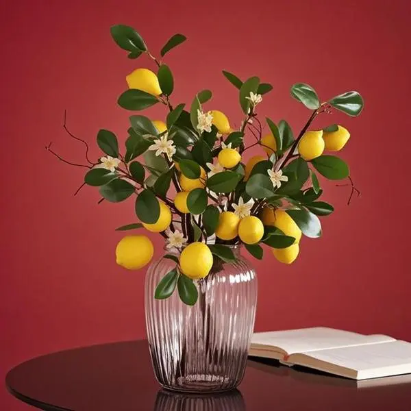 8-Piece Vibrant Faux Lemon Stems - Photorealism Artificial Citrus Plant Branches, Durable Reusable Citrus Theme Home Decor Ornaments, Multi-Size Flowers for Kitchen Table Centerpiece & Bookstores, Bathroom