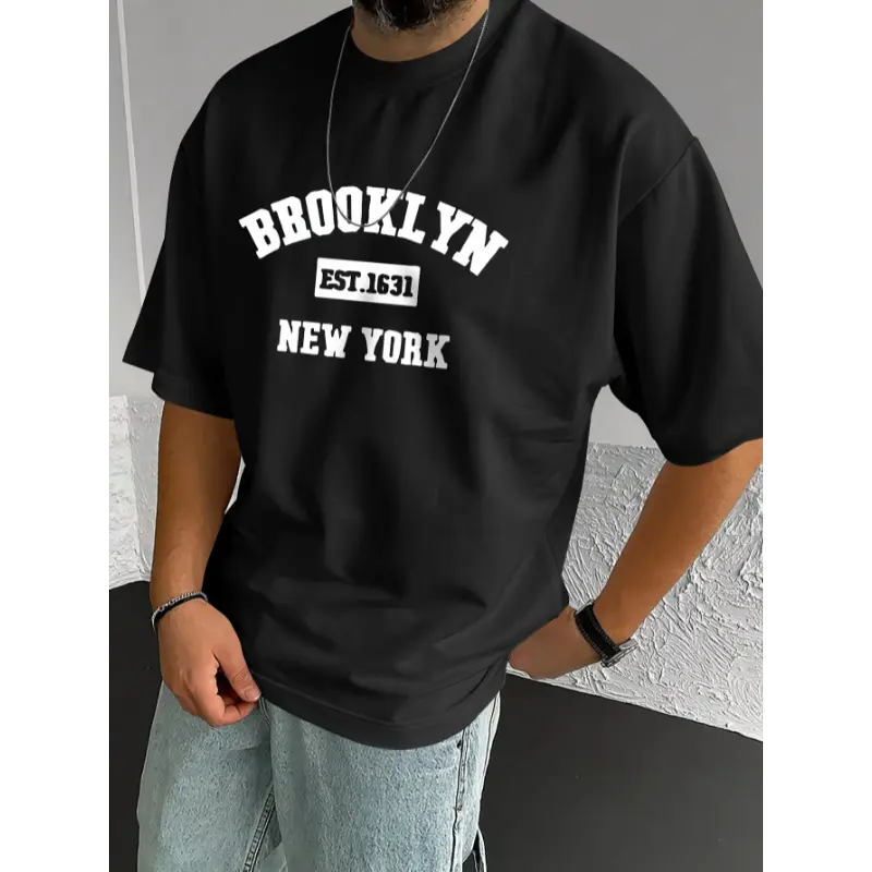 Menswear Fitted Round Neck Boxy Tee - Men's Unisex 200g Combed Cotton Short-Sleeve, Black, Digital Sublimation Stamped, Soft Fabric, Tropical Casual Plain, Brooklyn New York Lettering Print, COD Available, Affordable Skena Ruccas Decking