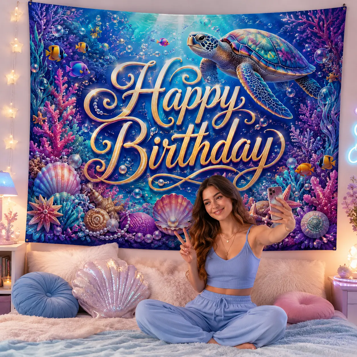 Lightweight Mermaid Happy Birthday Tapestry Wall Hanging - Ocean Animals Preppy Cute Draping Festive Backdrops & Banners, Girls' Rooms Under The Sea Party Photo Booth Decor