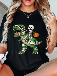 100% Cotton Unisex Skeleton Dinosaur T rex Boys Funny Halloween Pumpkin T-Shirt