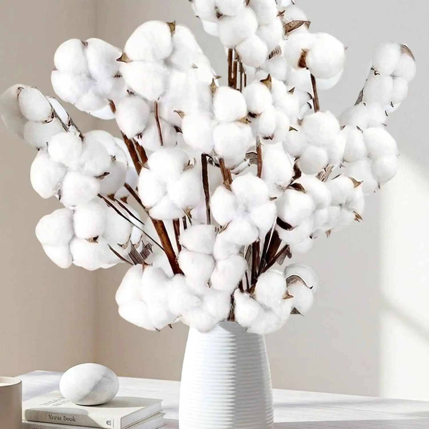 10 Packs Natural Dried Cotton Stems - 15in Real Cotton Flowers with 20 Bolls, Rustic Farmhouse Decorative Branches Bundle for DIY Vase Fillers, Table & Room Wall Decor, Wedding Gift