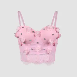 Tank Tops Short Vest Sexy Inner Clothes High Qualit Hand-Stitched Beading Flowers Rhinestone Summer Spring Rave Outfits Corset Woman Bra Blusas Clothing Sling Wedding Party Blind Date Fishbone Stage Party Shaper Ladies Lace Crop Shirt Tube Tops