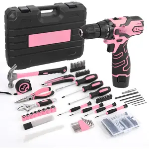 Home Tool Kit with Pink Drill, 195 count Household Tool kit with 12V Cordless Power Drill, Power Drill Sets Home Repairing Tool Sets with Storage Case for Women
