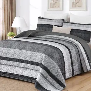 Grey  Quilt Set, Boho Bedspread  Size, Striped Bedding Sets 3 count, Lightweight Soft Gray Black Coverlet Bed Sets with 2 Pillow Shams 96"x90"