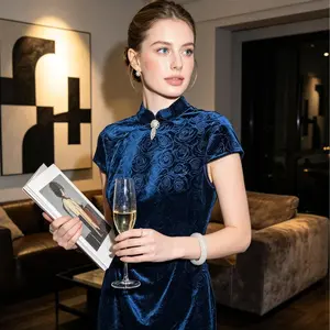 Vintage Navy Blue Velvet Rose Embossed Qipao Short Sleeve Slim Fit Evening Luxury stretchy  Dress