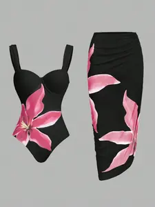 Women's Floral Print One-Piece Swimsuit Set, Floral Swimsuits, Vintage Elegant Beachwear, Lightweight Skin-Friendly Half Skirt, Plants Print Swimsuit