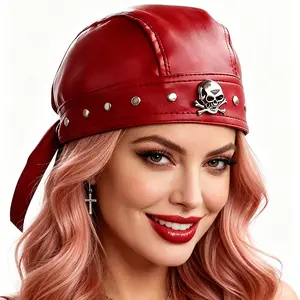 Women’s Skull Studded Cap for Women Red Leather Biker Cap Edgy Hat Skull Headscarf Wide Headband Bonnets Hair Accessories for Punk Gothic Motorcycle Style Festival Outfits Streetwear Fashion Travel Looks