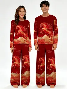 Festive red and gold auspicious horse, traditional cloud wave full body print matching couple pajama set | Casual style, round neck, suitable for adults, suitable for all seasons