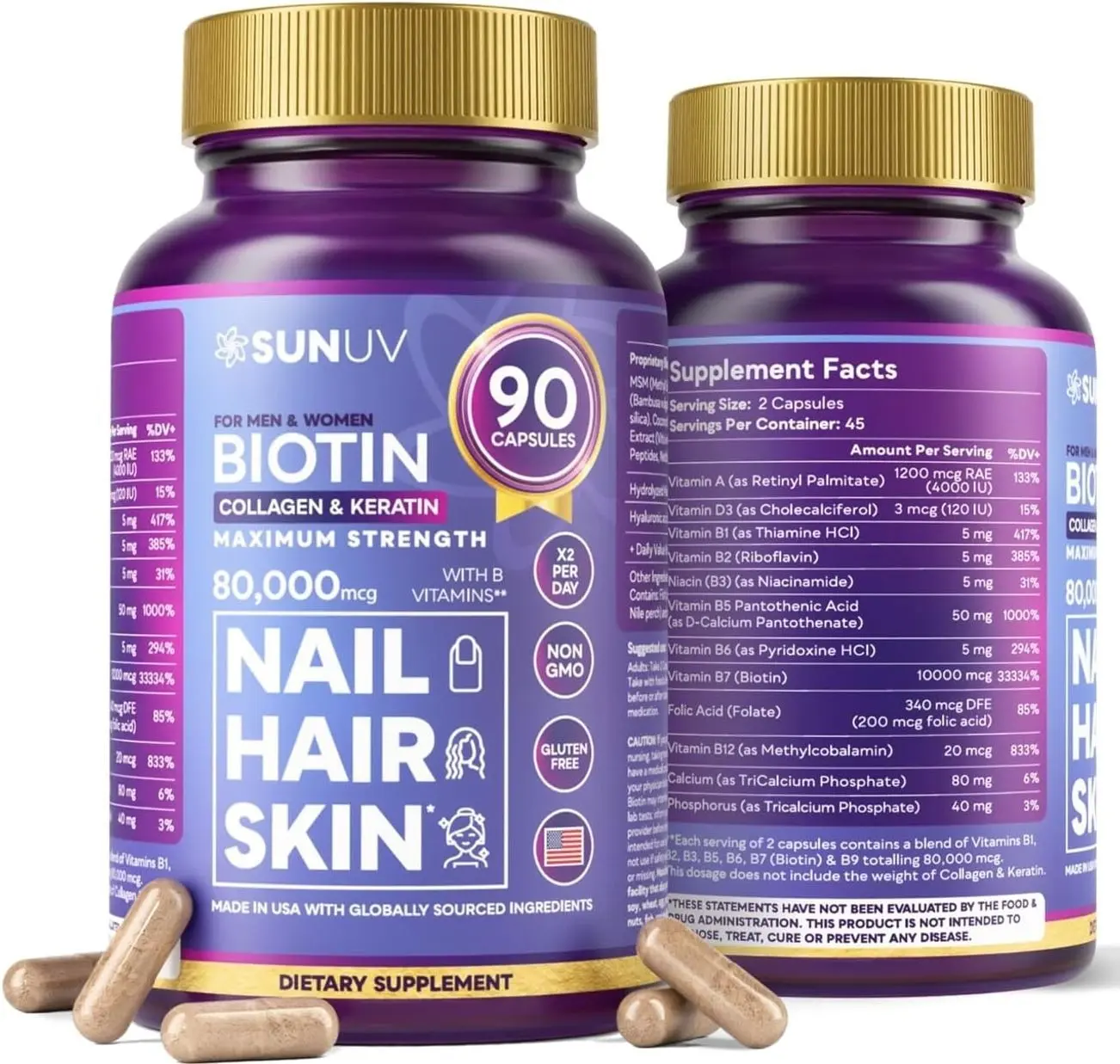SUNUV Biotin 10,000mcg | Collagen | Keratin | Hyaluronic Acid - 80,000mcg Hair Growth Vitamins for Hair Skin & Nails Support - Women & Men - Vitamins B1,B2,B3,B5,B6,B9,B12 -Made in USA-90 Capsules