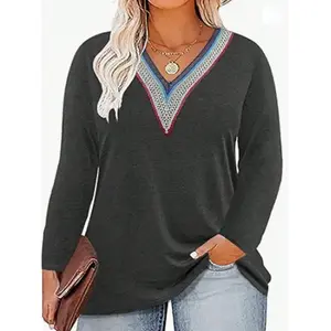 Plus Size Women's Vneck Fashionable V-shaped Splicing Long Sleeved Top