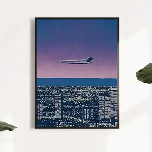 1pc Hiroshi Nagai Unframed Canvas Poster - Modern Airplane Over Cityscape Print, Versatile Wall Art for Home, Office, Living Room, Bedroom, Cafe - Easy Hanging, No Electricity Needed, Ideal for Christmas, Thanksgiving, New Year, Valentine'S Day Decor