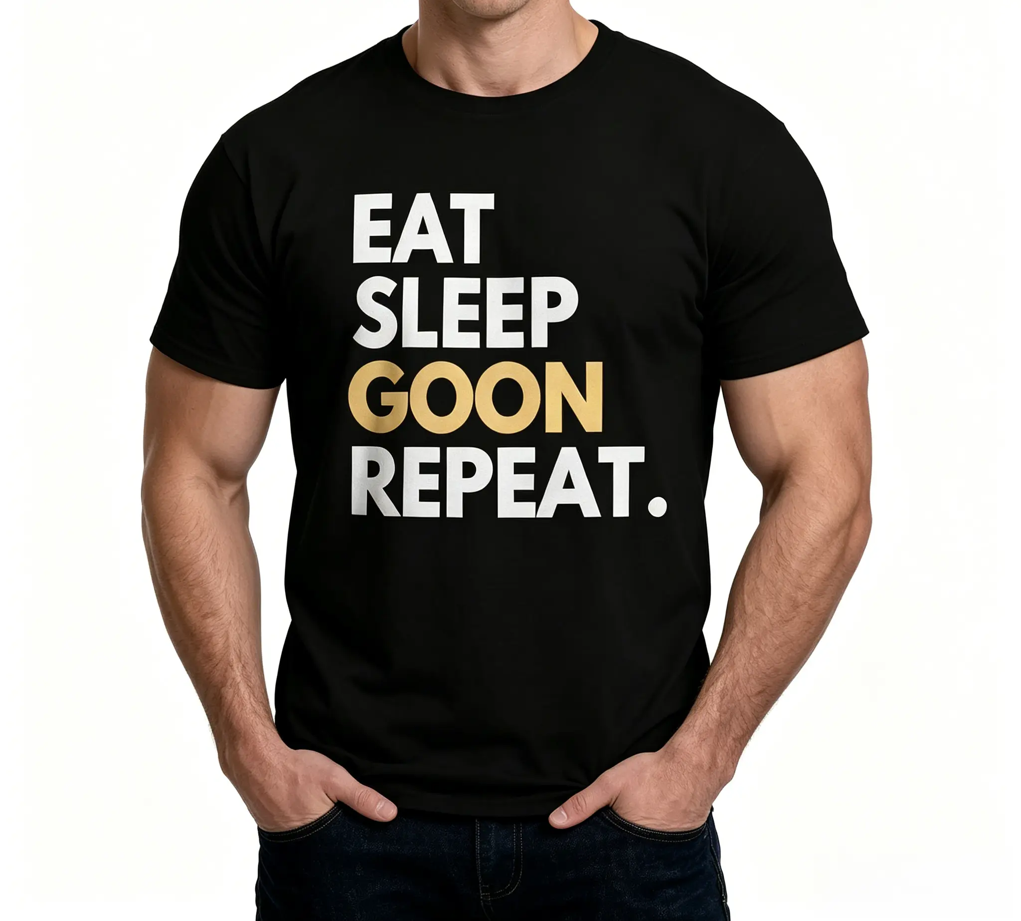 Men’s Regular Small Size Funny Eat Sleep Goon Repeat Graphic T-Shirt, Soft Cotton Crew Neck Short Sleeve Tee, Black & White Two Color Options Trendy Streetwear Casual Top for Daily Outings Gifting，    humor graphic tee