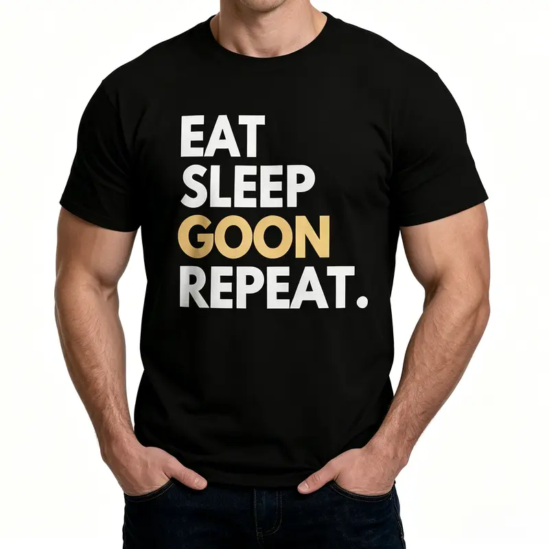 Men’s Regular Small Size Funny Eat Sleep Goon Repeat Graphic T-Shirt, Soft Cotton Crew Neck Short Sleeve Tee, Black & White Two Color Options Trendy Streetwear Casual Top for Daily Outings Gifting，    humor graphic tee