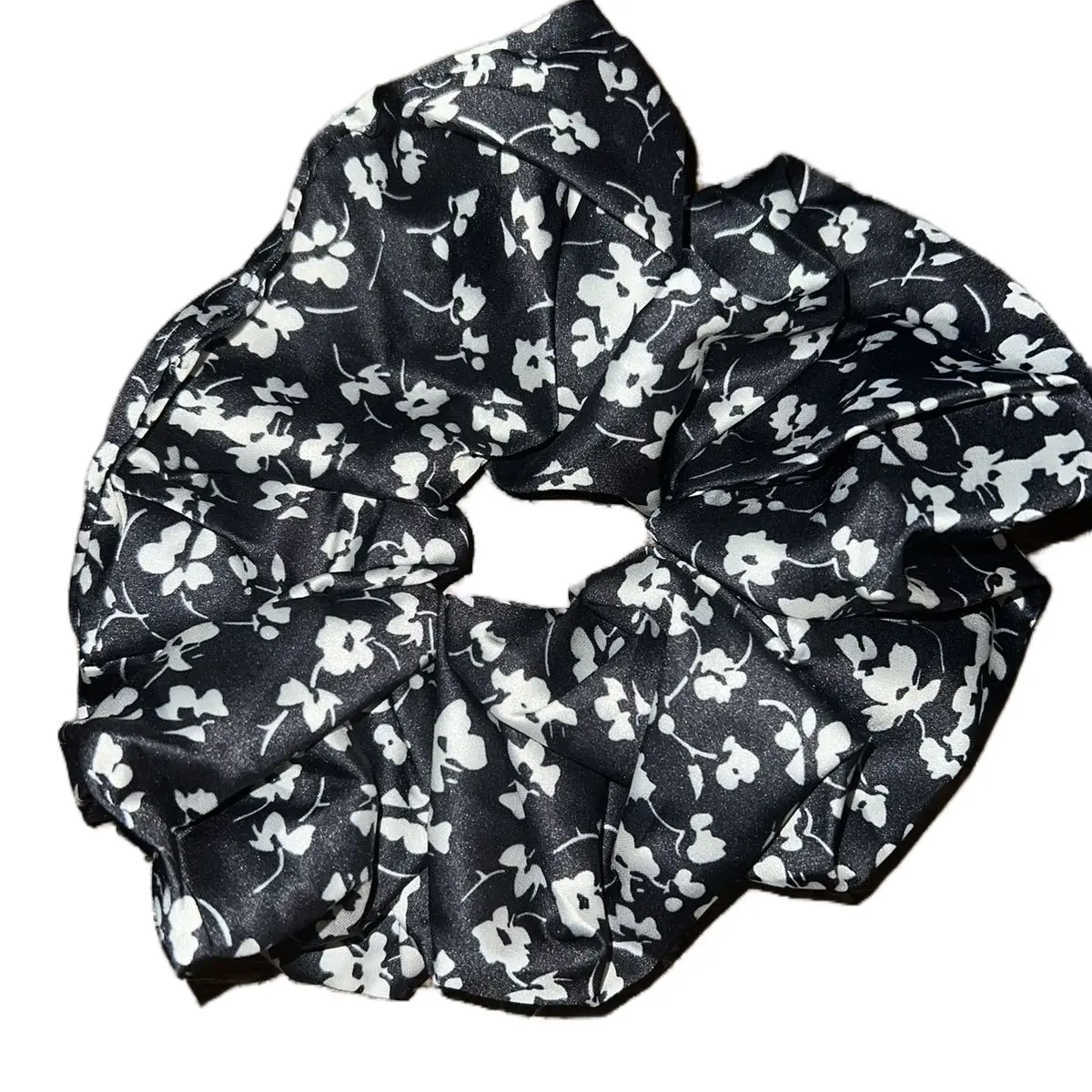 XL Black Floral Scrunchie for Women - Fashion Hair Accessory satin silk