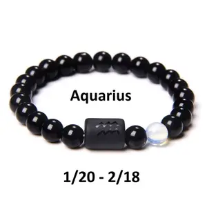 Unisex 12 Constellation Signs Black Stone Beads Elastic Bracelet
