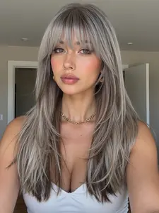 22 Inch Long Straight Wig with Bangs, Deep Root Synthetic Hair, Natural Look, Easy Maintenance, for Work, Life, Parties, Cosplay