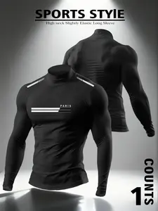 Men's Paris Theme High Neck Elastic Long Sleeve Fitted Shirt, Casual Streetwear with City Print, Athletic Style Activewear, Comfortable Fabric for Gym and Daily Wear