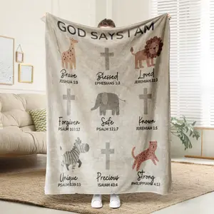 God Says I Am Baptism Blanket Safari Animals, Christening Blanket with Cross,Baby-Shower Gift Bedroom Cozy Blanket, Gifts Gift For Kids, Christmas Gift, Halloween Gift