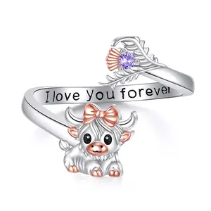 Highland Cow Ring 925 Sterling Silver Adjustable Cute Cow Open Ring with Scottish thistle Animals Cattle Jewelry Gifts for Women