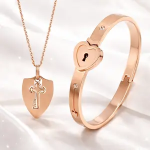 Heart Lock and Key Couple Jewelry Set Stainless Steel Rose Gold Matching Bracelet Necklace for Anniversary Romantic Accessories for Women Valentines&birthday Boujee Gifts for gf