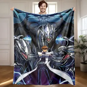 1 piece Yami Seto Kaiba and Blue-Eyes Ultimate Dragon themed flannel blanket - Oversized comfortable flannel sofa blanket, suitable for beds and sofas, modern geometric pattern design, all-season use, digital printing, 100% polyester material