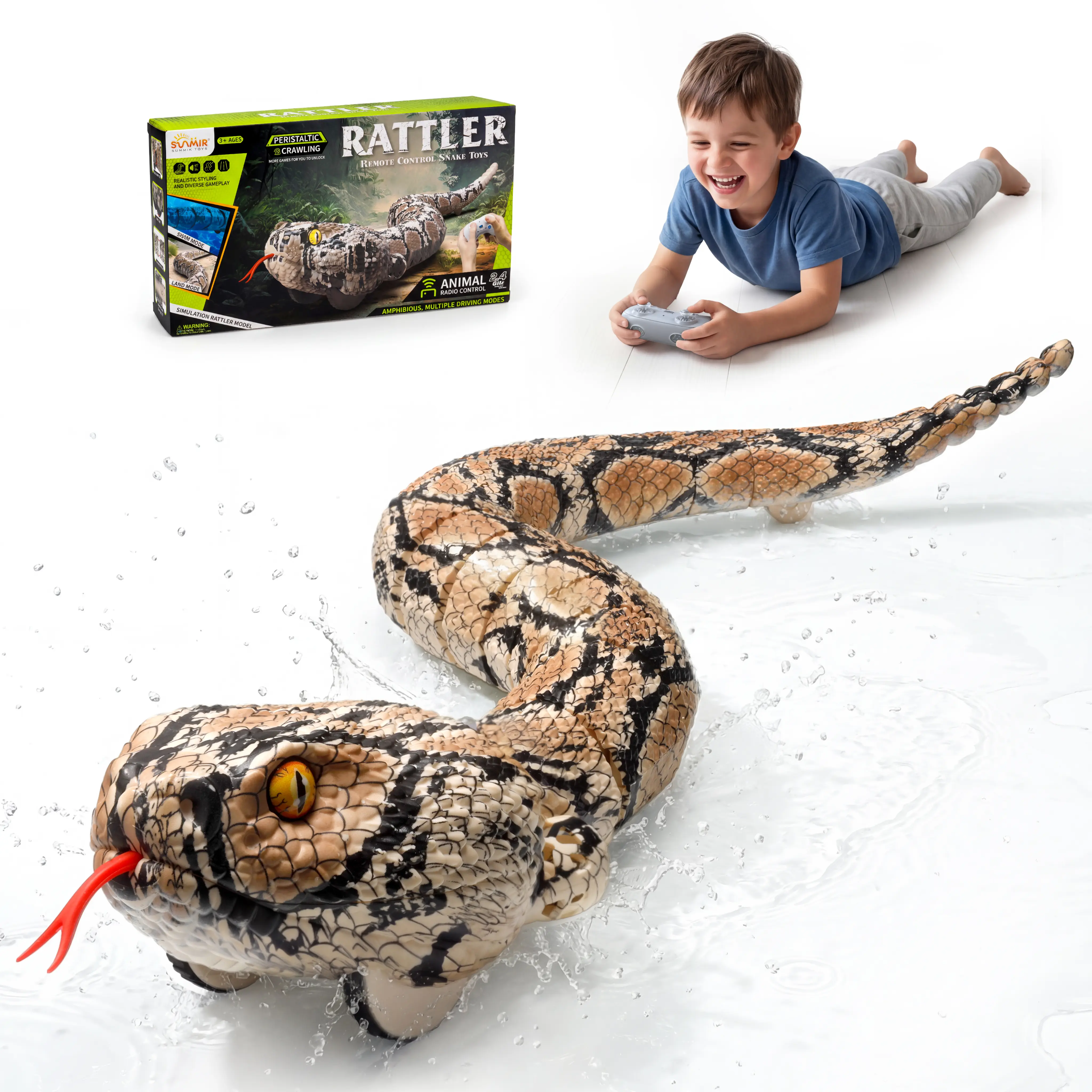 Veeniix SM30S Amphibious Remote Control Rattlesnake Toy, Realistic Snake Toy with Rattle Sound for Pranks, Indoor & Outdoor Games, Funny Gag Gift, Halloween Trick Toy & Birthday Gift for Kids Ages 6+