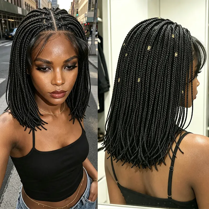 12 Inch Shoulder‑Length Short Bob Braided Lace Front Wigs for Black Women, Synthetic Box Braids Wig, Heat Resistant Fiber, Pre Plucked Natural Hairline with Baby Hair, Fashion Protective Daily Hairstyle BoxBraidWig BraidedWigs LaceFrontWig