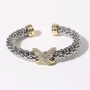 Pave Cross Bar Textured Cuff Bangle Bracelet Two-Tone High Polished Metal 2.5" Diameter Lead Nickel Compliant Jewelry