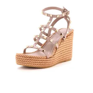 Pre-owned Valentino Garavani Women's Rockstud Caged Wedge Sandals Leather with Rope Detail by Rebag