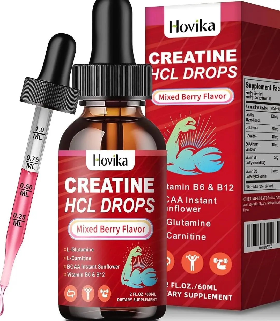 Creatine HCL Liquid Drops for Men & Women, Creatine Hydrochloride with L-Carnitine, L-Glutamine, BCAA, Vitamin B12 & B6 for Muscle Growth & Recovery-Vegan, Mixed Berry Flavor Flavor, 2 Fl Oz