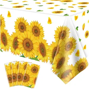 4 Pack 51 x 86 Inch Plastic Rustic Sunflower Tablecloth Covers for Indoor Outdoor Birthday Party Decorations