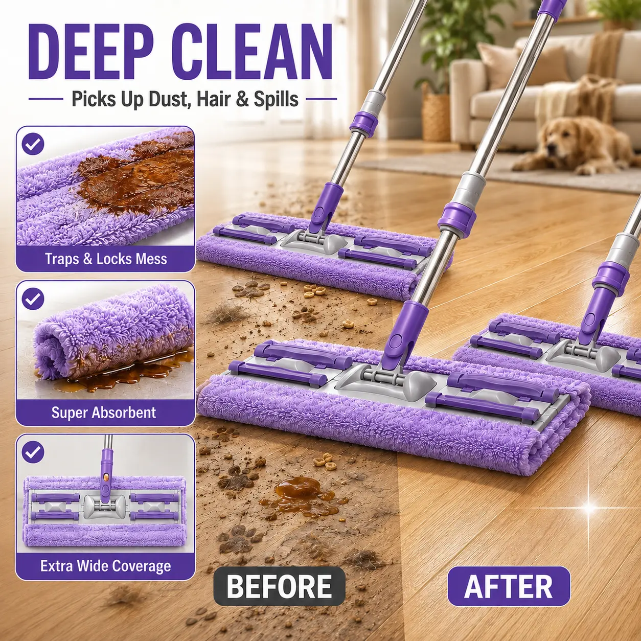 Microfiber Floor Cleaning Mop with Telescopic Handle, Wet & Dry Flat Mop with 4 Reusable Washable Pads, Dust Mop for Hardwood, Laminate, Tile, Wood Floors, Home Kitchen Bathroom Cleaning