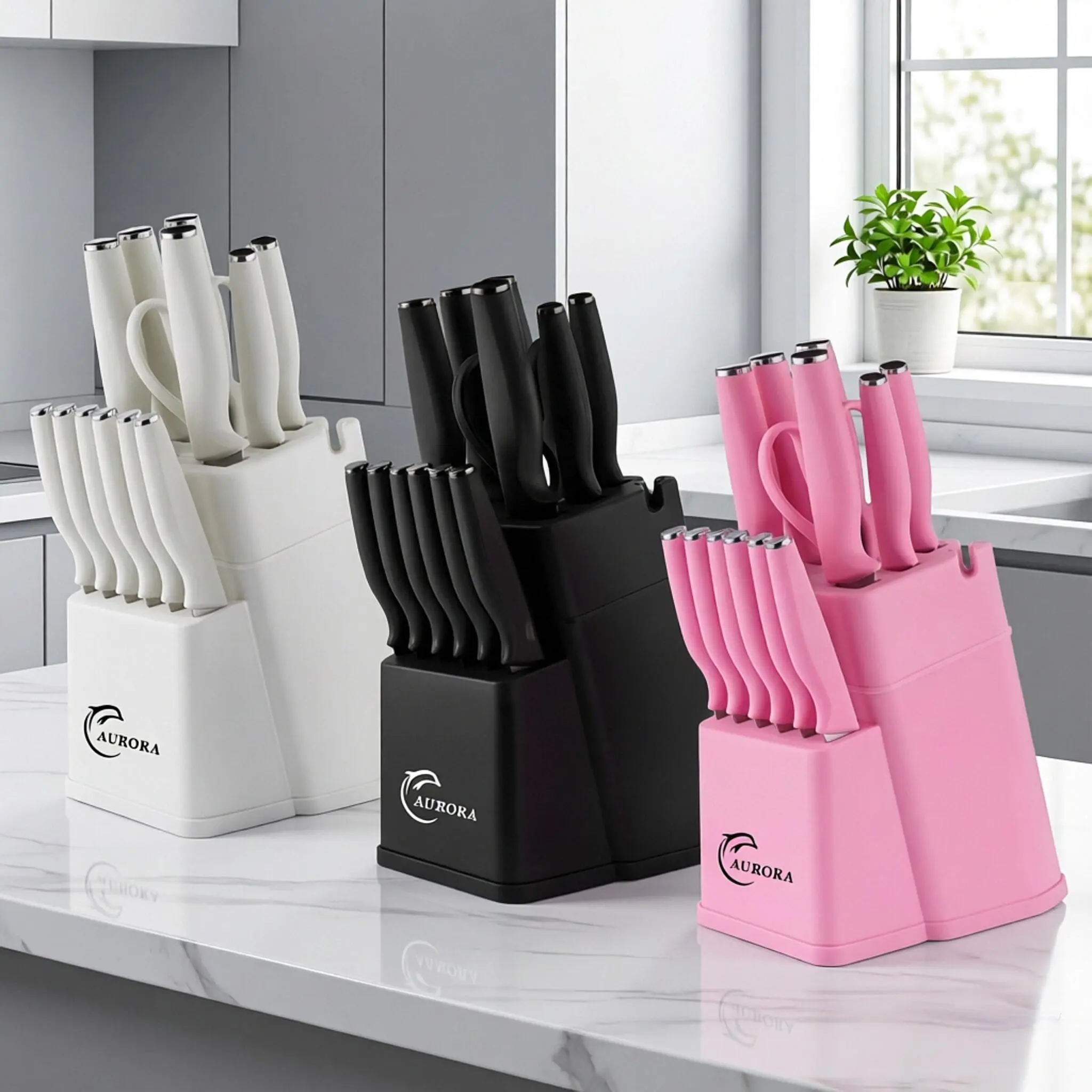15PCS knife holder kitchen knife set: Japanese style knife, meat/vegetable knife, chicken bone knife, German steak knife storage built-in sharpener - stainless steel washable dishwasher suitable for women, wives, Mother's Day, pink/white/black