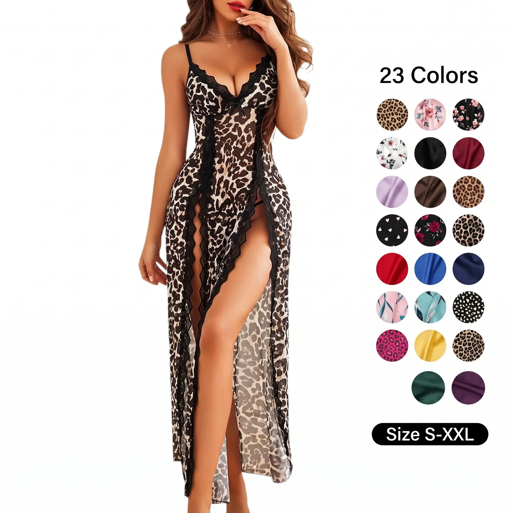 Avidlove Women's Lace Nightgown - Leopard  Mesh Chemise with V-Neck & Side Splits - Fitted Loungewear for Comfortable Wear - Soft Lightweight Lingerie  All-Season Loungewear SpringStatements Slip Dresses Womenswear Nightwear Spaghetti Strap
