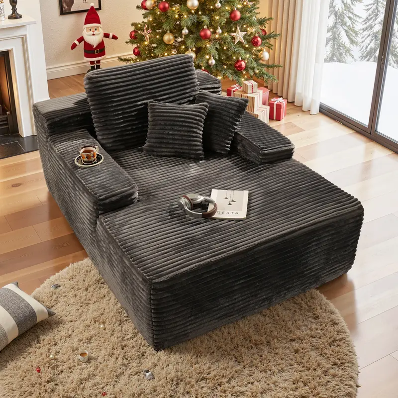 CAODOC Boneless Chaise Lounge Upholstered Sofa Bed with Throw Pillows, 48.42" Deep, Soft Corduroy, No Assembly Required, Indoor Sleeper Chair