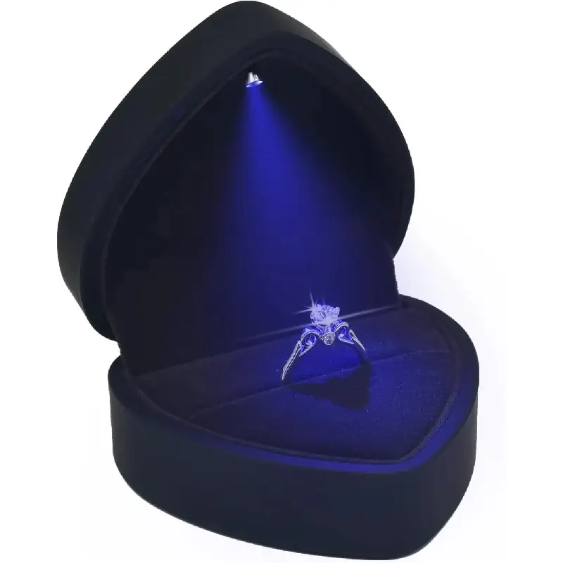 Luxury LED Lighted Engagement Ring Box - Heart Shaped Elegant Black Ring Case for Wedding Rings,  for Proposal, Anniversary, Ceremony, and  Giving