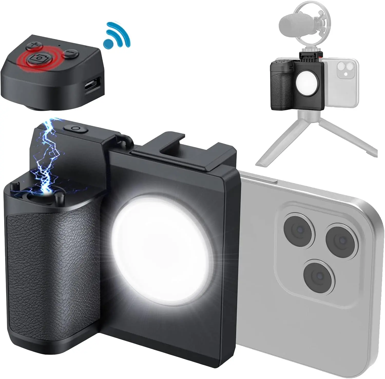 CAMOLA Smartphone Camera Grip, Griphone CapGrip with Detachable Wireless Remote Control, Three-Speed Adjustable Fill Light for Phones Video/Photo Shooting