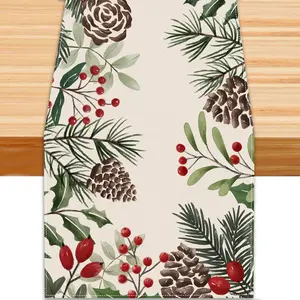 Christmas Winter Table Runner, Holly Berry Pine Cone  Branch Table Runners Xmas Seasonal Holiday Table Decorations for Farmhouse Kitchen Dinning  Party Decor 13x72in