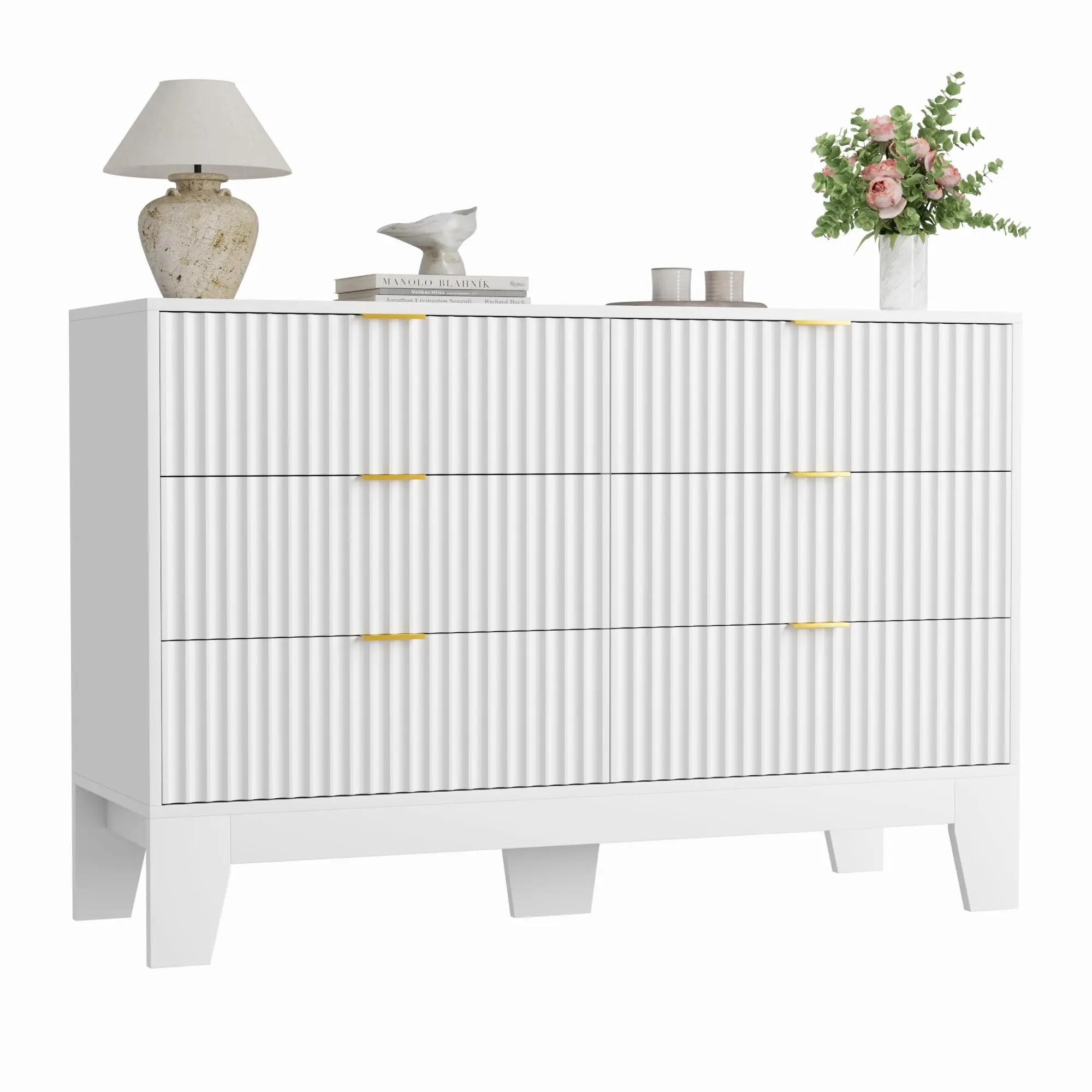 47" Wide Fluted 6-Drawer Dresser, Modern Chest of Drawers with Gold Metal Handles, Wooden Storage Cabinet for Bedroom, Living Room, Entryway and Hallway