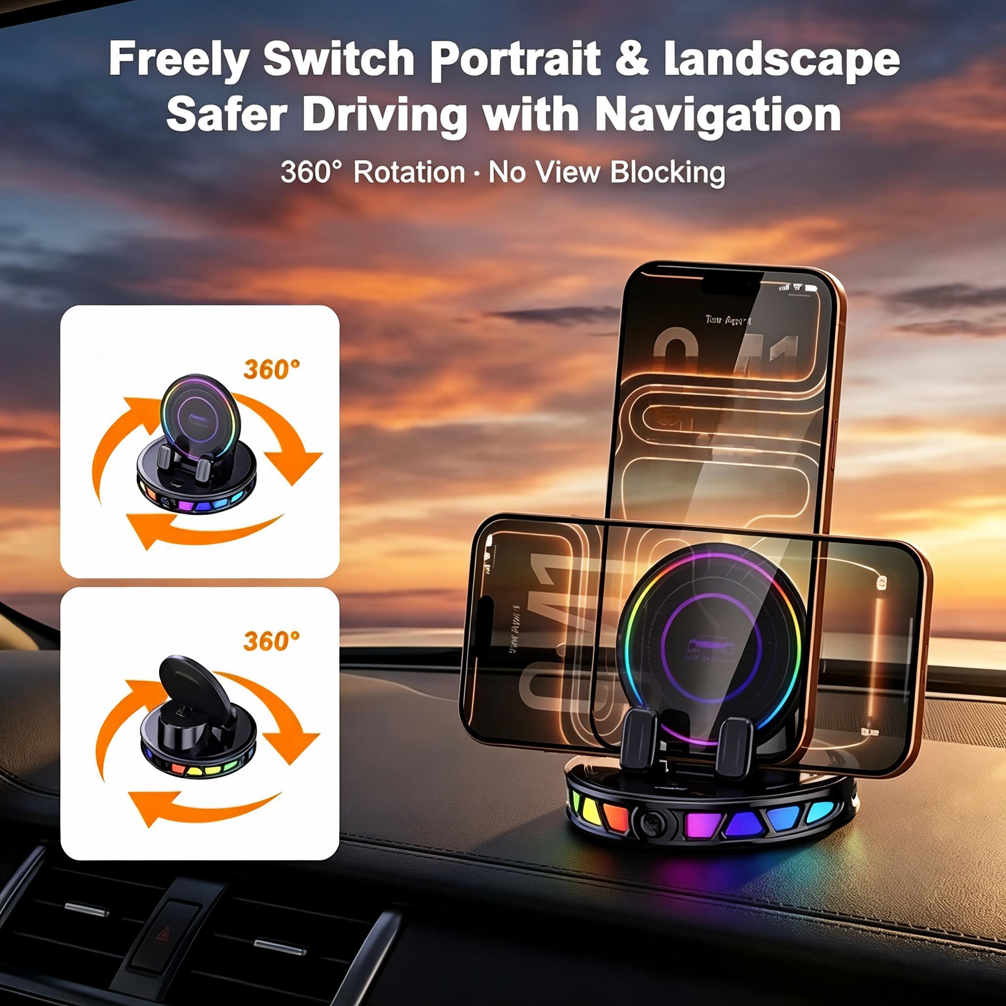 【DealsForYouDays】360° Rotating Wireless Charging Car Phone Mount with RGB Ambient Light — Ultra-Stable Suction, Auto-Lock, Fits Dashboard, Windshield, Compatible with iPhone and Android