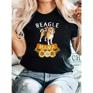 Women's Cotton Graphic T-Shirt - Beagle Mama Pet Mom Gift, Cute Dog Lover Top with Floral Sunflower Daisy Print, Casual Short-Sleeve Summer Womenswear