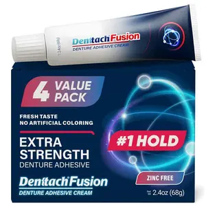 HOT 2026! Denttach Fusion Denture Adhesive, (Pack of 4) 2.4 Ounce, Ultra Strong Hold and Seal, Dental Adhesive Cream for Dentures and Partials, Zinc Free Denture Glue
