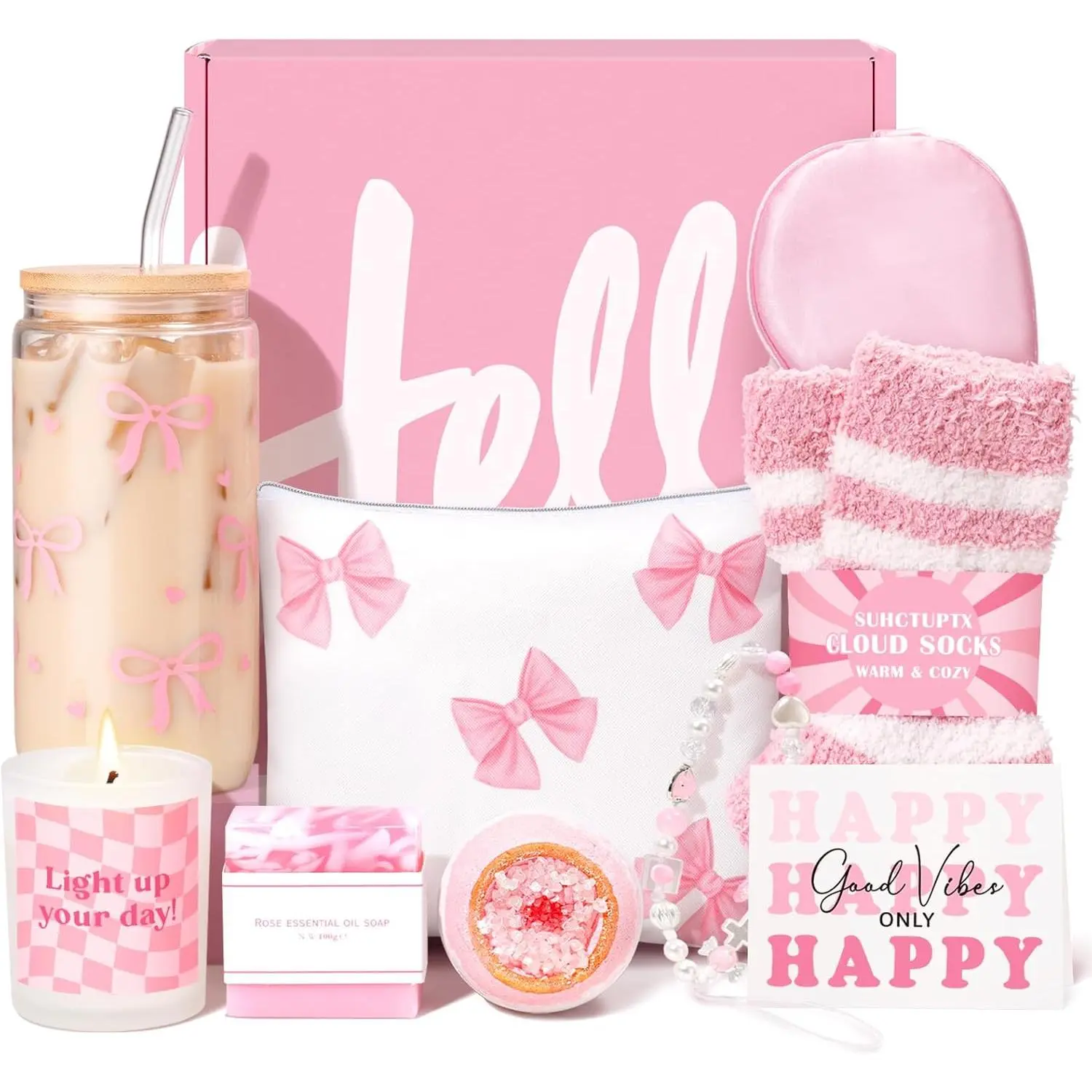 9-Piece Coquette Bows Gift Basket Set with Pink Aesthetics Eye-Catching Cup & Trendy Items - Home/Festive Party Supply Box for Teenage Girls, Relaxation Birthday Christmas Gifts (16th 18th 21st Bday), 16 Ounces