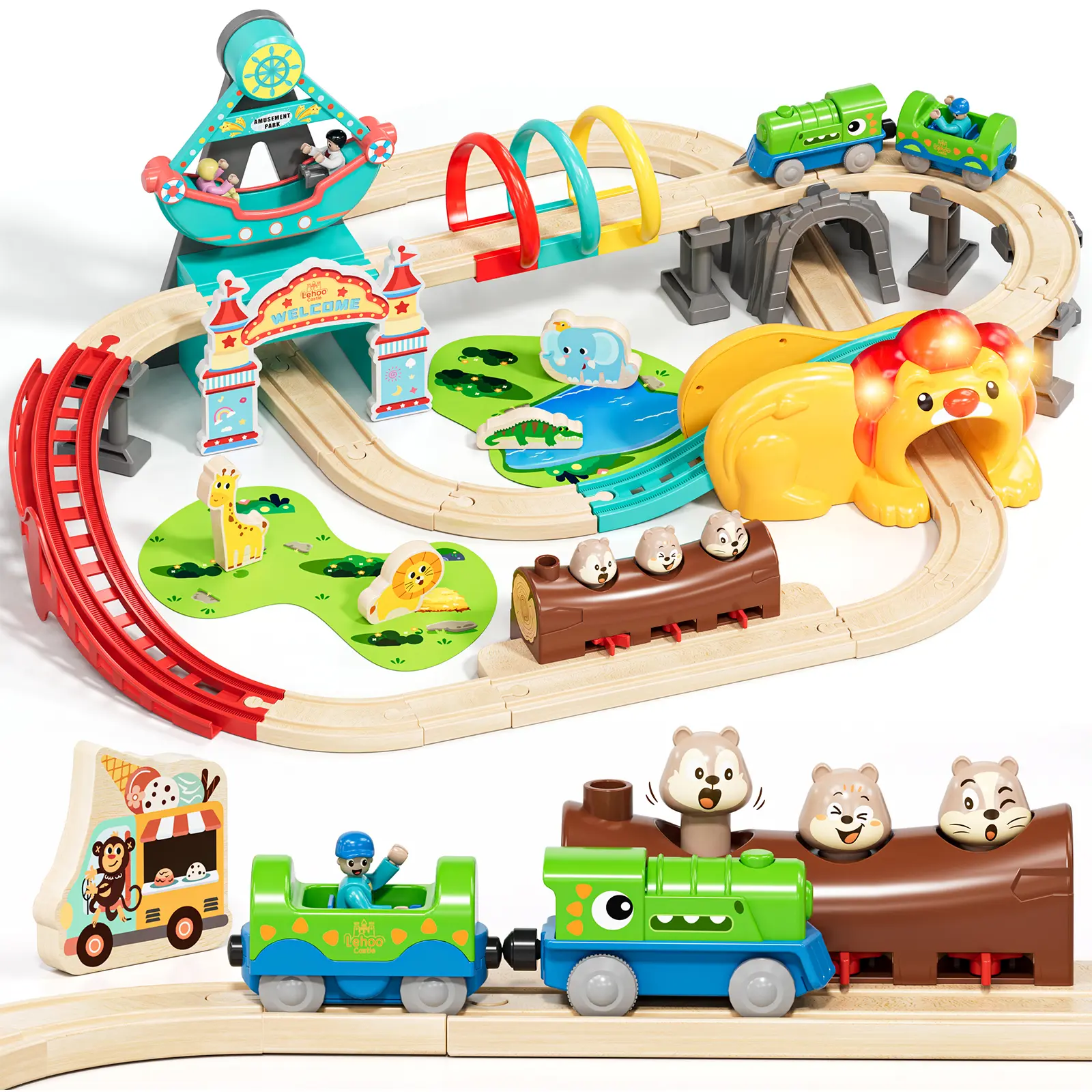 Lion Amusement Park Wooden Train Set, Train Set for kids with Electric Train, Wooden Train Track for Kids with Tracks & Accessories, Montessori Toys for Boys & Girls, Birthday Halloween & Christmas gifts