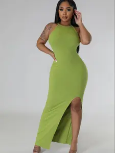 USBoutiqueCHIC Women's Slim Fit Long Ribbed Dress 250GSM Bodycon Midi Dress in Vibrant Lime Green for Casual & Office Wear Fabric Minimalist Womenswear Blazers Drape Fabric