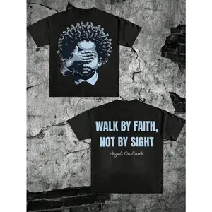 Hand Over Eyes Graphic Tee Walk By Faith Not By Sight Oversized Streetwear Short Sleeve Crewneck Black Unisex Mens Casual Cotton Shirt