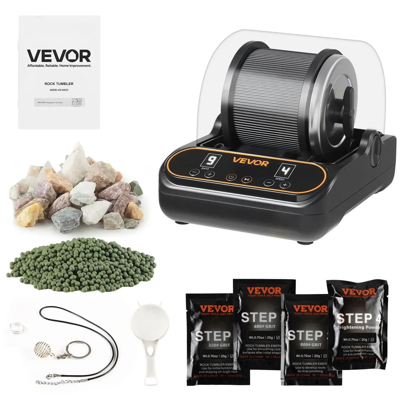 【Summerfinds】VEVOR Rock Tumbler, 1 lb Rock Polishing Machine, Rocks Tumbling Kit with 4-Speed Adjustment, 1–9 Day Timer, PC Sound Reduction Cover & TPU Drum, Direct Drive Motor Rocks Polishing, Quiet Operation