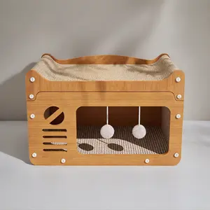 Cat Scratcher House 3-in-1 Cardboard Cat Bed & Cave with Hanging Toys
