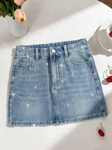 Women's Elastic Denim Skirt with Rhinestones, Casual A-Line Short Skirt, Breathable Fabric, Perfect for Daily Wear and Parties